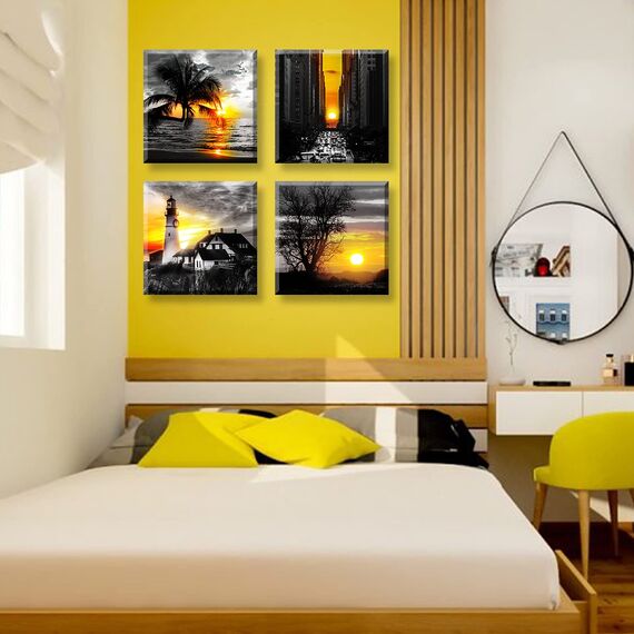 Schwarz-weiße Badezimmer-Wandkunst, Leuchtturm, Wanddekoration, Sonnenuntergang, Strandbilder, modernes Zuhause, Büro, gelbe Naturlandschaft, Leinwanddrucke für Küche, Esszimmer, Dekorationen, 30,5 cm