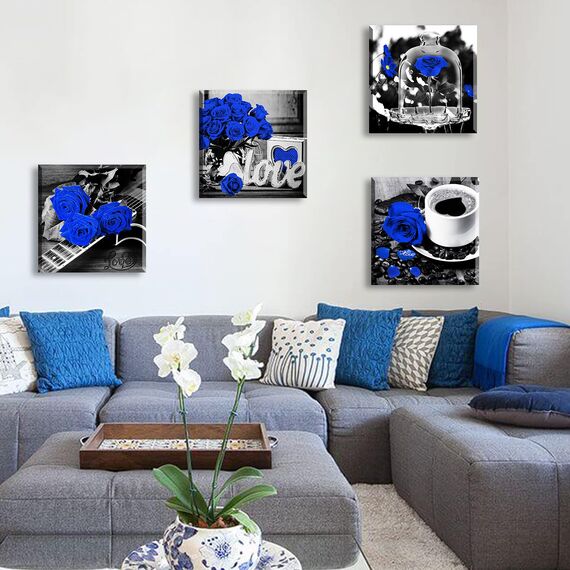 Leinwandbild, Rosen-Motiv, Badezimmer-Dekoration, 4-teilig, Blau, 30,5 x 30,5 cm (B x H x H)