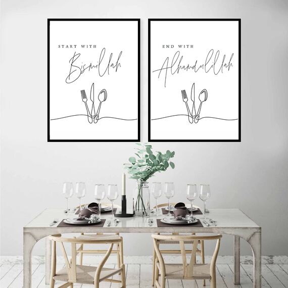 Esszimmer-Wanddekoration, minimalistische Wandkunst, islamische Wanddekoration, Küche, Wandkunst, Linie, Kunst, Wanddekoration, schwarz-weiß, Dekor-Sets, islamische Wandkunst, 2 Stück, rahmenlos