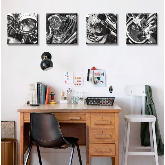 Schwarz-Weiß-Motorrad-Wandkunst, Vintage-Fahrzeug-Bilder, Wanddekoration, Nahaufnahme des Motorrads, Leinwanddrucke, moderne Heimbüro-Kunstwerk, Dekorationen für Herren, Gemälde, fertig zum Aufhängen
