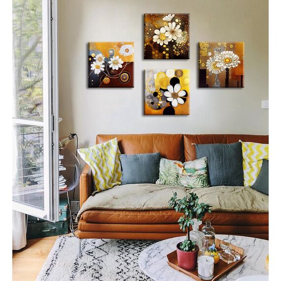 DJSYLIFE Weiße und goldene Wandkunst für Wohnzimmer, Leinwanddrucke, abstrakte Blumenbilder, Wanddekoration, modernes Schlafzimmer, Büro, Zuhause, Kunstwerk, Zubehör, 30,5 x 30,5 x 10,2 cm