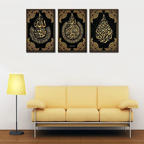 Islamische Kalligraphie Allah Wanddekoration Leinwand Wandkunst Wohnzimmer Dekoration Muslim religiöse 3 Stück schwarz arabische Kalligraphie Küche Wanddekoration Kunstrahmen 152,4 x 71,1 cm