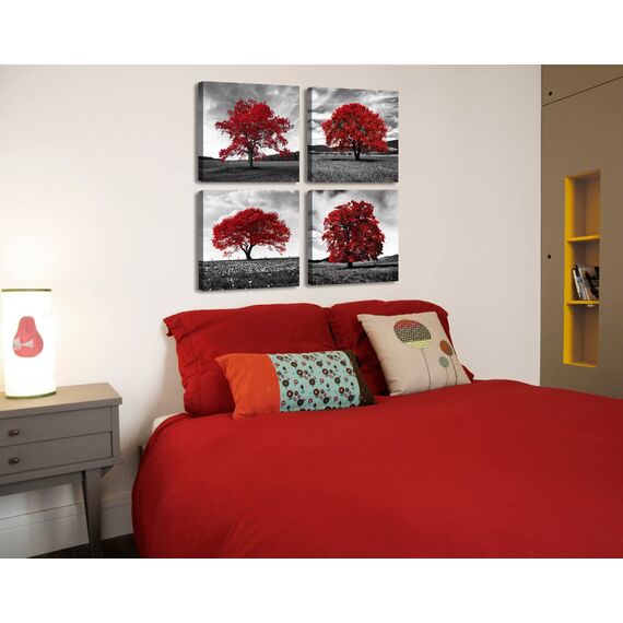 Wohnzimmer Wanddekoration Roter Baum Schwarz und Weiß Wandkunst Natur Landschaft Gemälde Leinwand Drucke Modern Home Office Schlafzimmer Kunstwerk Dekorationen Rot Badezimmer Zubehör Gerahmt fertig
