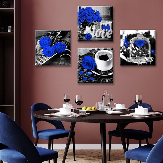 Leinwandbild, Rosen-Motiv, Badezimmer-Dekoration, 4-teilig, Blau, 30,5 x 30,5 cm (B x H x H)