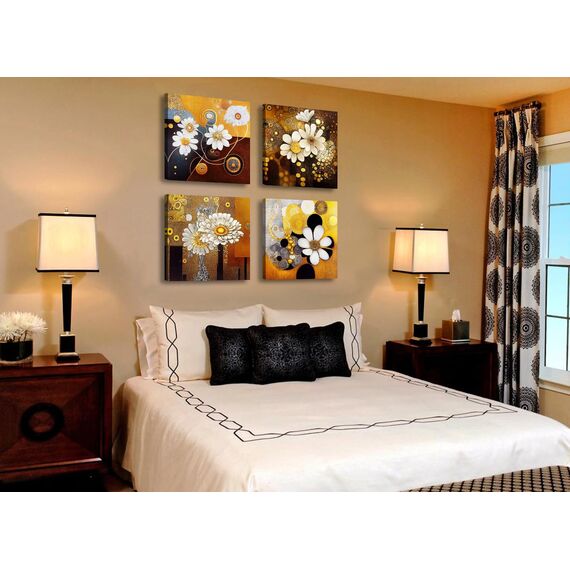 DJSYLIFE Weiße und goldene Wandkunst für Wohnzimmer, Leinwanddrucke, abstrakte Blumenbilder, Wanddekoration, modernes Schlafzimmer, Büro, Zuhause, Kunstwerk, Zubehör, 30,5 x 30,5 x 10,2 cm