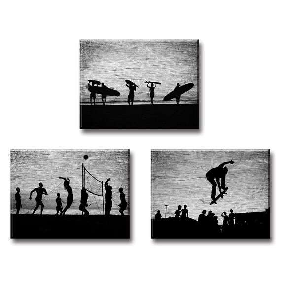 Surf-Wandkunst, Surfer-Leinwandbild, inspirierend, Strand-Volleyball, Skateboarder, Jumping Silhouette, gerahmt, Poster für Teenager, Jungen, 30.5 x 40.6 x 3 Paneele, fertig zum Aufhängen