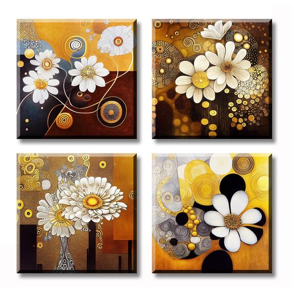 DJSYLIFE Weiße und goldene Wandkunst für Wohnzimmer, Leinwanddrucke, abstrakte Blumenbilder, Wanddekoration, modernes Schlafzimmer, Büro, Zuhause, Kunstwerk, Zubehör, 30,5 x 30,5 x 10,2 cm