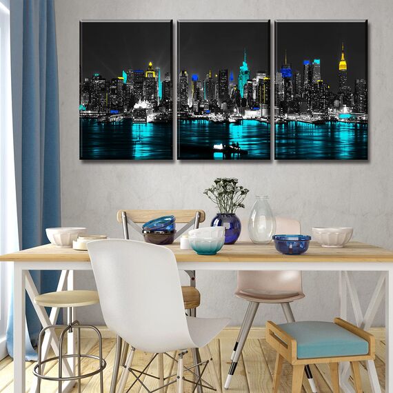 DJSYLIFE Schwarz-Weiß-Wandkunst, New York, Leinwanddrucke, Manhattan, Stadtansicht, Wanddekoration, modernes Heimbüro, Blaugrün, Stadtbild, Skyline, Kunstwerk, Dekorationen, 30,5 x 40,6 cm (B x H), 3