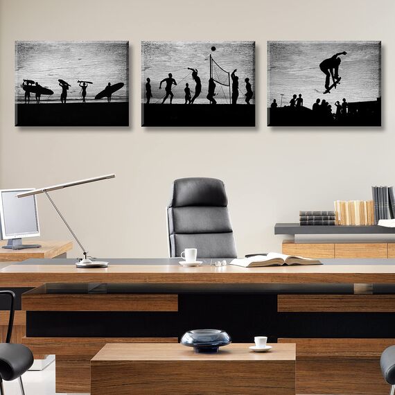 Surf-Wandkunst, Surfer-Leinwandbild, inspirierend, Strand-Volleyball, Skateboarder, Jumping Silhouette, gerahmt, Poster für Teenager, Jungen, 30.5 x 40.6 x 3 Paneele, fertig zum Aufhängen
