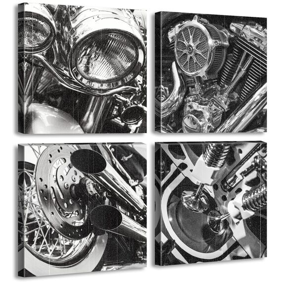 Schwarz-Weiß-Motorrad-Wandkunst, Vintage-Fahrzeug-Bilder, Wanddekoration, Nahaufnahme des Motorrads, Leinwanddrucke, moderne Heimbüro-Kunstwerk, Dekorationen für Herren, Gemälde, fertig zum Aufhängen
