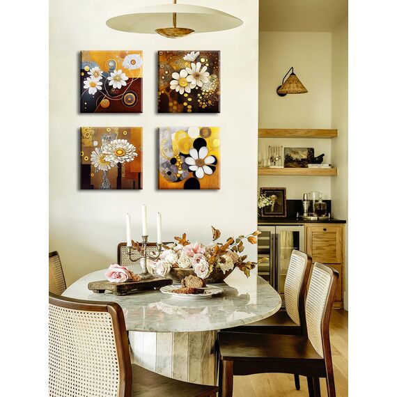 DJSYLIFE Weiße und goldene Wandkunst für Wohnzimmer, Leinwanddrucke, abstrakte Blumenbilder, Wanddekoration, modernes Schlafzimmer, Büro, Zuhause, Kunstwerk, Zubehör, 30,5 x 30,5 x 10,2 cm