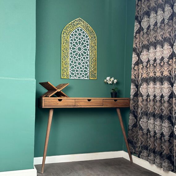 iwa concept Ayatul Kursi Mihrab Kuppeldesign, islamische Wandkunst, arabische Kalligraphie, Gebetsraum-Dekor, Einweihungsgeschenk für Muslime im Ramadan (Medium, in Silbergold)