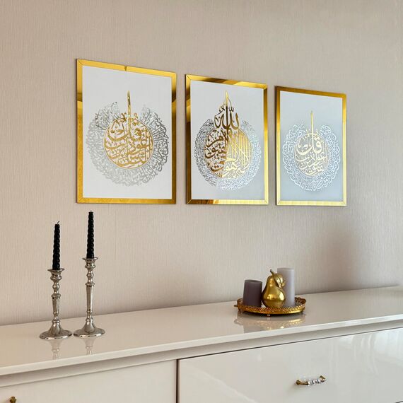 iwa concept Holz Acryl Set Ayatul Kursi, Surah Al-Falaq und Surah Al-Nas, Ramadan Dekoration (40x53 cm, Gold & Silber auf Weiß)