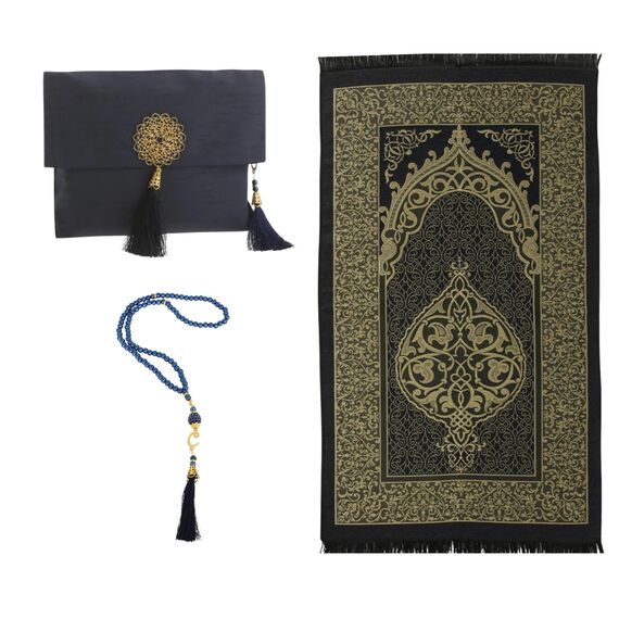 Prien Muslimischer Gebetsteppich Mit Gebetsperlen Für Frauen Männer, Geschenke Bayram, Ramadan, Teppich Beten Islam, Gebetsteppich Set, Islamische Gebetsmatte, Seccade Namaz, Muslim Mat (Marineblau)