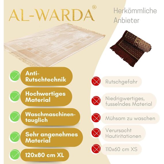 AL-WARDA Gebetsteppich – Seccade aus Plüsch, unglaublich sanft und angenehm, Gebetsteppich gepolstert, islamische Geschenke, Prayer mat, maximaler Gebetskomfort (Beige, 120 * 80cm XL)