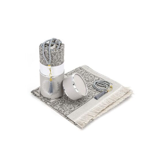 Muslimischer Gebetsteppich und Gebetsperlen Set | Janamaz | Sajadah | Islamische Geschenke Mit Eleganter Zylinderförmiger Geschenkbox | Taftstoff, Grau