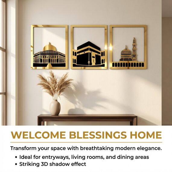 iwa concept Masjid Al Aqsa, Kaaba & Masjid An-Nabawi Islamische Wandkunst aus Holz, gesegnete Orte, islamische Wanddekoration, Geschenk für Muslime im Ramadan Eid (klein, goldfarben, alle drei)