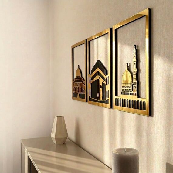 iwa concept Masjid Al Aqsa, Kaaba & Masjid An-Nabawi Islamische Wandkunst aus Holz, gesegnete Orte, islamische Wanddekoration, Geschenk für Muslime im Ramadan Eid (groß, goldfarben, alle drei)