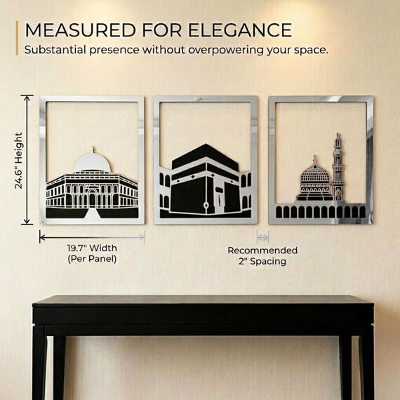 iwa concept Masjid Al Aqsa, Kaaba & Masjid An-Nabawi Islamische Wandkunst aus Holz, gesegnete Orte, islamische Wanddekoration, Geschenk für Muslime im Ramadan Eid (groß, silberfarben, alle drei)