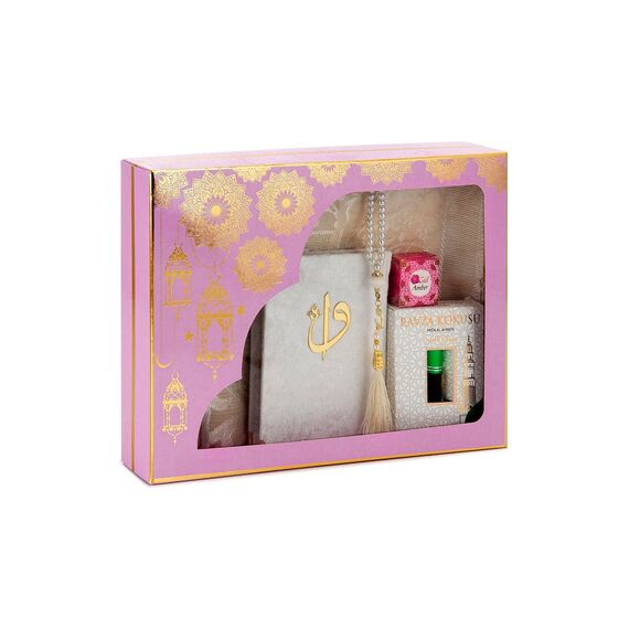 ihvan online Islamische Gebets-Geschenkbox, Muslimischer Gebetsteppich, Yaseen-Buch, Gebetsperlen Tesbih, Fester Duft, Ravza-Duft, 6-teiliges Gebetsteppich-Set für Ramadan, Eid-Geschenke, Rosa/Set 1