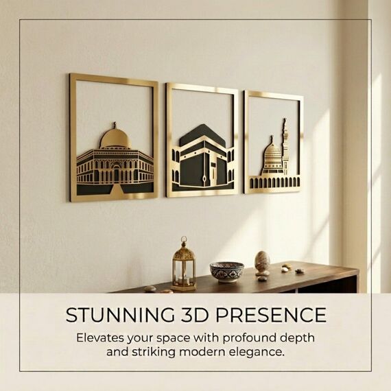 iwa concept Masjid Al Aqsa, Kaaba & Masjid An-Nabawi Islamische Wandkunst aus Holz, gesegnete Orte, islamische Wanddekoration, Geschenk für Muslime im Ramadan Eid (groß, goldfarben, alle drei)