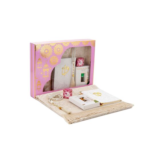 ihvan online Islamische Gebets-Geschenkbox, Muslimischer Gebetsteppich, Yaseen-Buch, Gebetsperlen Tesbih, Fester Duft, Ravza-Duft, 6-teiliges Gebetsteppich-Set für Ramadan, Eid-Geschenke, Rosa/Set 1