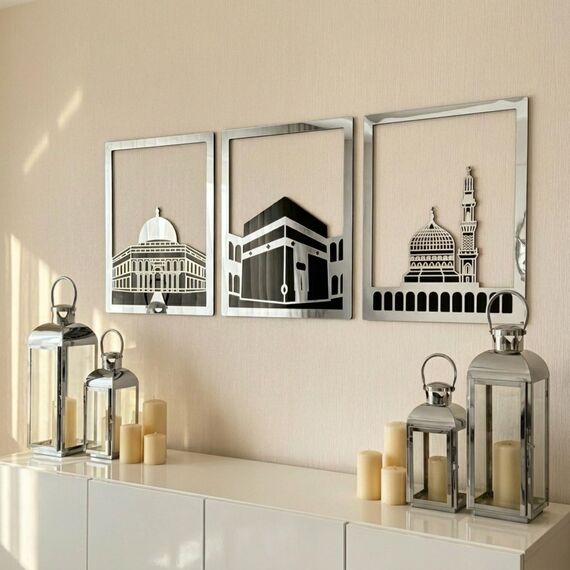 iwa concept Masjid Al Aqsa, Kaaba & Masjid An-Nabawi Islamische Wandkunst aus Holz, gesegnete Orte, islamische Wanddekoration, Geschenk für Muslime im Ramadan Eid (groß, silberfarben, alle drei)