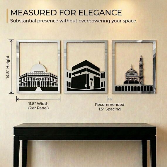 iwa concept Masjid Al Aqsa, Kaaba & Masjid An-Nabawi Islamische Wandkunst aus Holz, gesegnete Orte, islamische Wanddekoration, Geschenk für Muslime im Ramadan Eid (klein, silberfarben, alle drei)