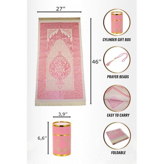 Muslimische Gebetsteppich und Gebetskette mit elegantem Zylinder Geschenkbox | Janamaz | Sajjadah | Weiche islamischen Gebetsteppich | Islamische Geschenke Set | Gebet Teppich Matte, Taft Stoff, Rosa