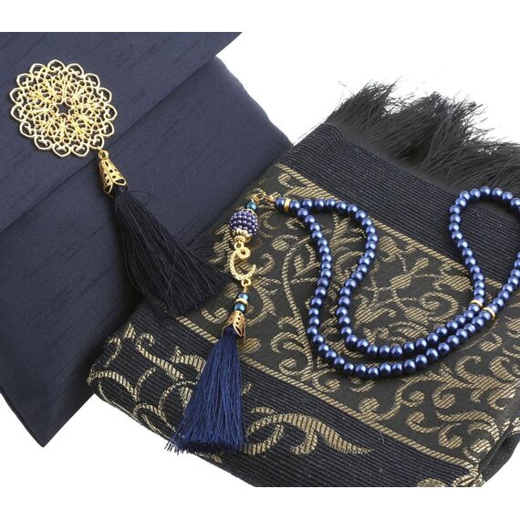Prien Muslimischer Gebetsteppich Mit Gebetsperlen Für Frauen Männer, Geschenke Bayram, Ramadan, Teppich Beten Islam, Gebetsteppich Set, Islamische Gebetsmatte, Seccade Namaz, Muslim Mat (Marineblau)