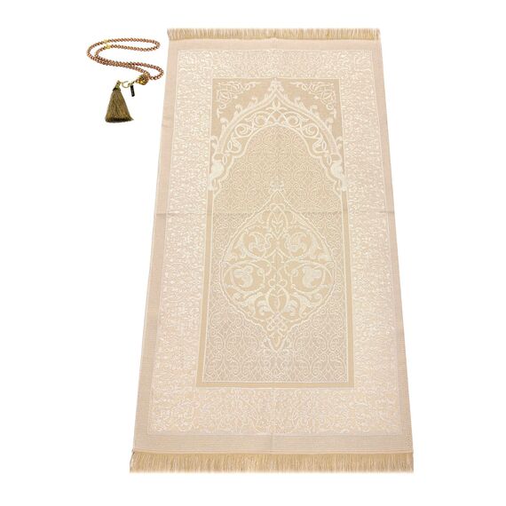 Muslimische Gebetsteppich und Gebetskette mit elegantem Zylinder Geschenkbox | Janamaz | Sajjadah | Weiche islamischen Gebetsteppich | Islamische Geschenke Set | Gebet Teppich Matte, Taft Stoff, Sahne
