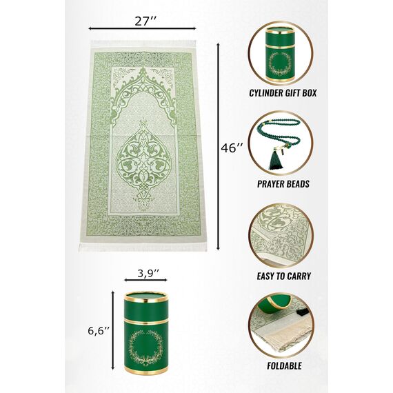 Ihvan Online Muslimischer Gebetsteppich und Gebetsperlen Mit Eleganter Zylinderförmiger Geschenkbox | Janamaz | Sajadah | Weicher Islamischer Gebetsteppich Matte, Taftstoff, Grün