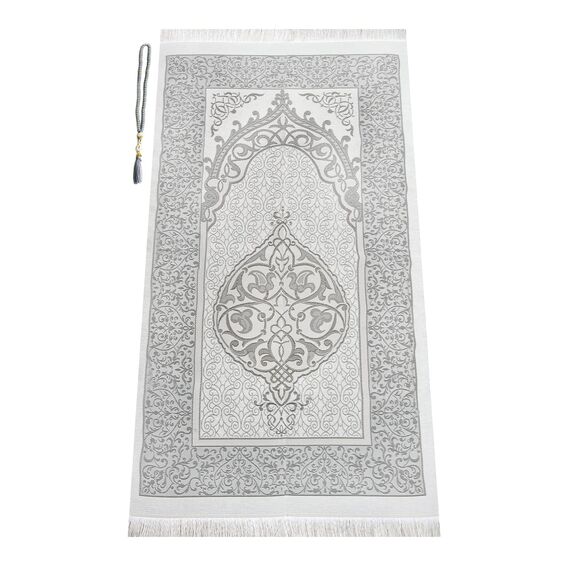 Muslimischer Gebetsteppich und Gebetsperlen Set | Janamaz | Sajadah | Islamische Geschenke Mit Eleganter Zylinderförmiger Geschenkbox | Taftstoff, Grau