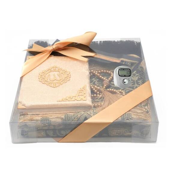 Geschenkbox -Gebetsteppich, Miswak, gebetskette, zikirmatik und buchen- Seccade-Namaz-Islam (Gold 2)