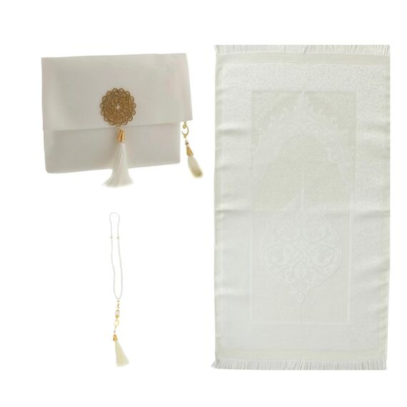 Prien Muslimischer Gebetsteppich Mit Gebetsperlen Für Frauen Männer, Geschenke Bayram, Ramadan, Teppich Beten Islam, Gebetsteppich Set, Islamische Gebetsmatte, Seccade Namaz, Muslim Mat (Cremefarben)