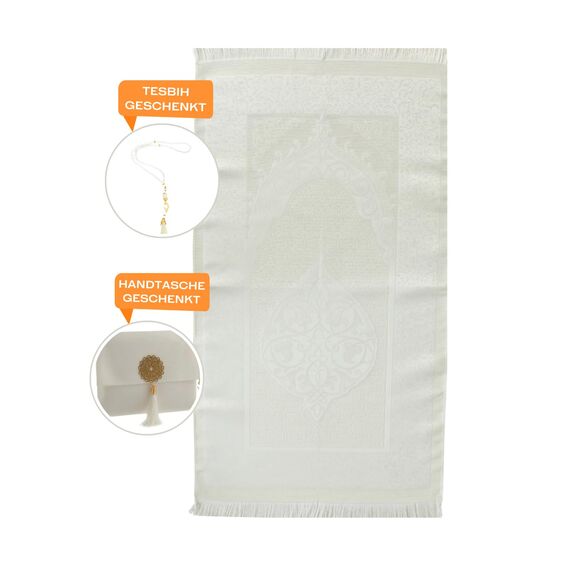Prien Muslimischer Gebetsteppich Mit Gebetsperlen Für Frauen Männer, Geschenke Bayram, Ramadan, Teppich Beten Islam, Gebetsteppich Set, Islamische Gebetsmatte, Seccade Namaz, Muslim Mat (Cremefarben)