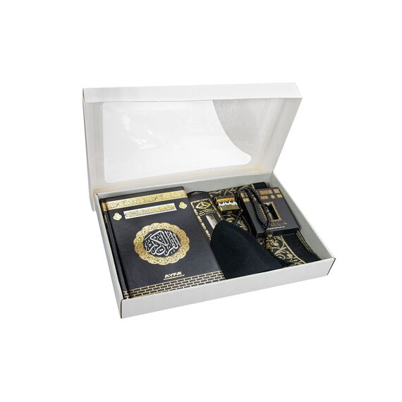 Luxuriöse islamische Gebetsgeschenkbox, Deluxe 7-Teiliges Set mit Koran & Gebetsperlen Tesbih & Gebetsteppich mit Kaaba-Design & Miswak-Stick & Solidem Geruch & Kufi-Hüte & Hacerul Esved, Ramadan