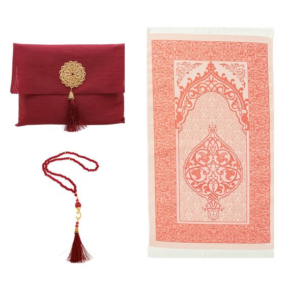 Prien Muslimischer Gebetsteppich Mit Gebetsperlen Für Frauen Männer, Geschenke Bayram, Ramadan, Teppich Beten Islam, Gebetsteppich Set, Islamische Gebetsmatte, Seccade Namaz, Muslim Mat (Rot)