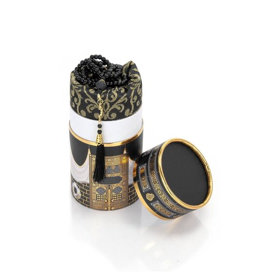 ihvan online Muslimischer Gebetsteppich und Gebetsperlen mit elegantem Design Zylinder Geschenkbox, Janamaz, Sajadah, weicher islamischer, islamische Geschenke Set, Gebetsteppichmatte, Schwarz, Mod2