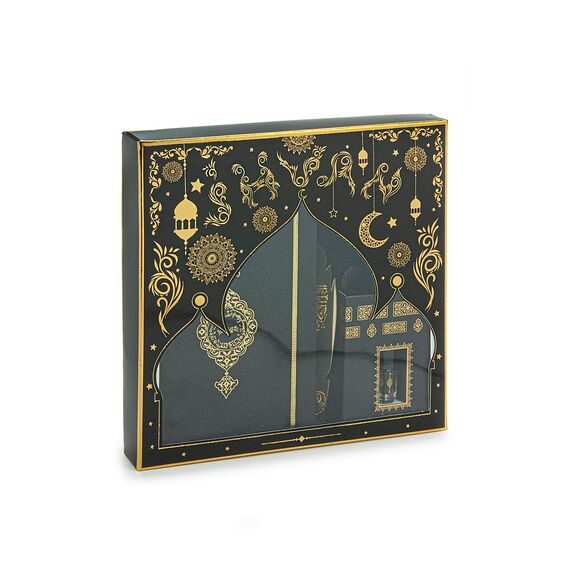 ihvan online Gebetsgeschenk-Set für Männer & Frauen, muslimischer Gebetsteppich, Salah-Matte, Perlen Taasbih, arabischer Heiliger Koran, islamisches Geschenkset für Ramadan & Eid, Schwarz