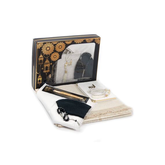 ihvan online Prayer Gift Box for Hajj and Umrah, Prayer Rug, Beads, Holy Quran, Deluxe Set for Ramadan & Eid Gift, White/Set 1