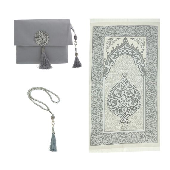 Prien Muslimischer Gebetsteppich Mit Gebetsperlen Für Frauen Männer, Geschenke Bayram, Ramadan, Teppich Beten Islam, Gebetsteppich Set, Islamische Gebetsmatte, Seccade Namaz, Muslim Mat (Grau)