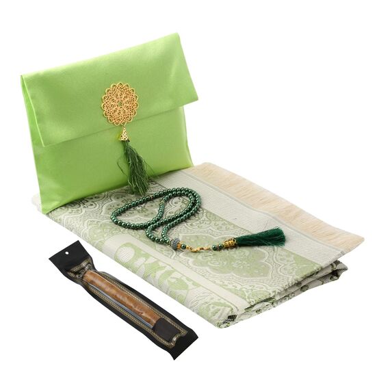 Gebetsteppich transportabel mit Tasche und Tesbih- Seccade- Prayer Rug-Islamischen-Namaz- Janamaz (GrÜn 2 (tesbih und miswak))