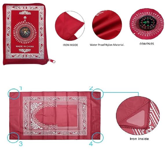Pray Tragbarer Gebetsteppich Mit Kompass - Reisematte im Einfachen Stil für Familienreisen - Eid-Geschenke für Männer, Frauen (Rot)