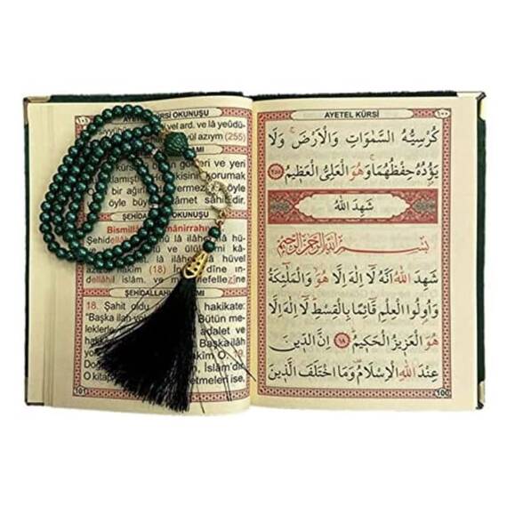 Geschenkbox -Gebetsteppich, Miswak, gebetskette, zikirmatik und buchen- Seccade-Namaz-Islam (GRÜN 1)