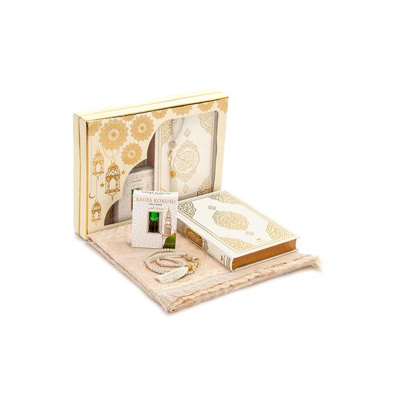 ihvan online Prayer Gift Box for Hajj and Umrah, Prayer Rug, Beads, Holy Quran, Deluxe Set for Ramadan & Eid Gift, White/Set 2