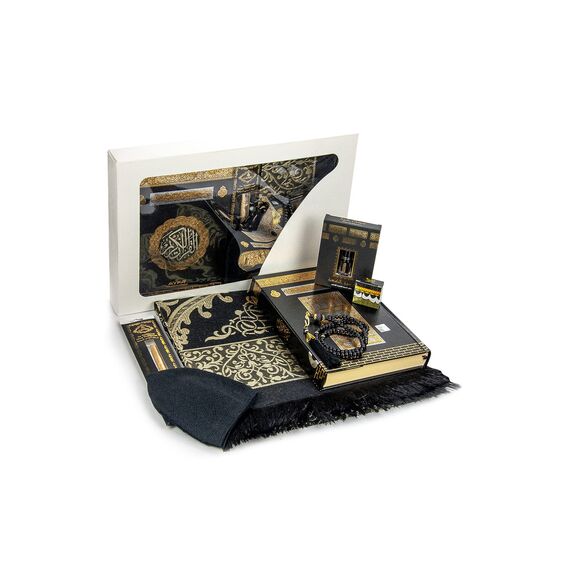 Luxuriöse islamische Gebetsgeschenkbox, Deluxe 7-Teiliges Set mit Koran & Gebetsperlen Tesbih & Gebetsteppich mit Kaaba-Design & Miswak-Stick & Solidem Geruch & Kufi-Hüte & Hacerul Esved, Ramadan