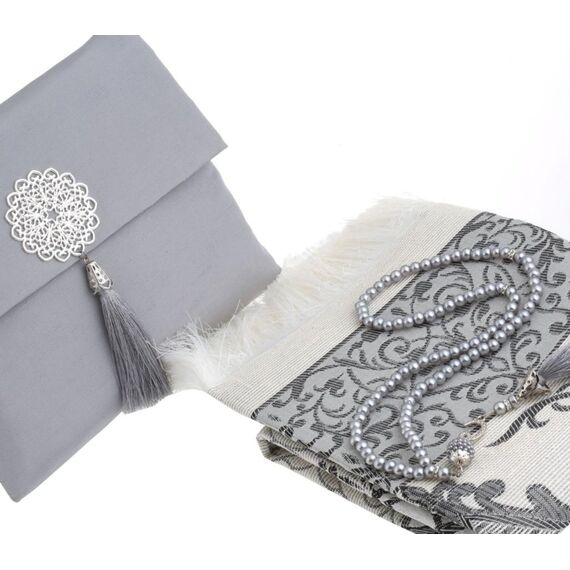 Prien Muslimischer Gebetsteppich Mit Gebetsperlen Für Frauen Männer, Geschenke Bayram, Ramadan, Teppich Beten Islam, Gebetsteppich Set, Islamische Gebetsmatte, Seccade Namaz, Muslim Mat (Grau)