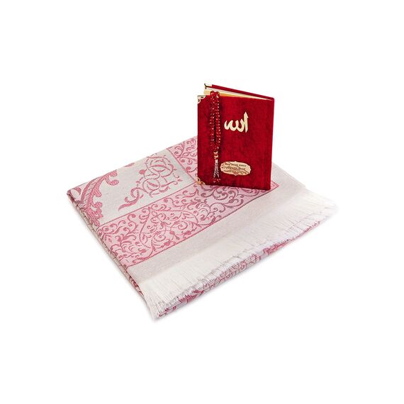 ihvan online TAFT Stoff muslimischen Gebetsteppich & Samtbezogene Yaseen Sura Bag-Größe Book & Kristallgebetskette Set mit Kraft Boxed Perfect islamischen Ramadan Eid Geschenke, Red
