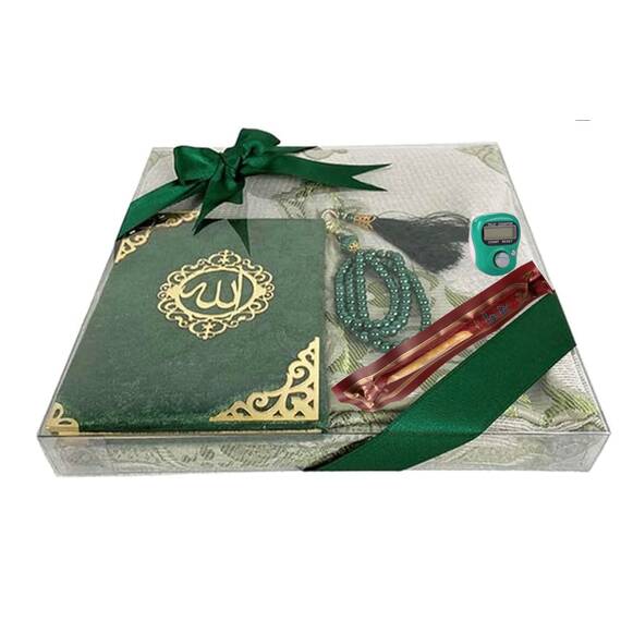 Geschenkbox -Gebetsteppich, Miswak, gebetskette, zikirmatik und buchen- Seccade-Namaz-Islam (GRÜN 1)